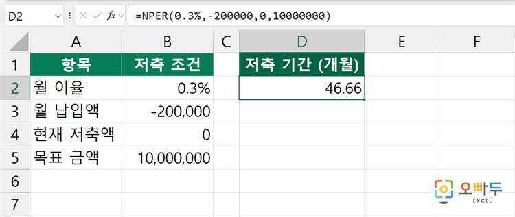 엑셀 NPER 함수 수식 입력 예제