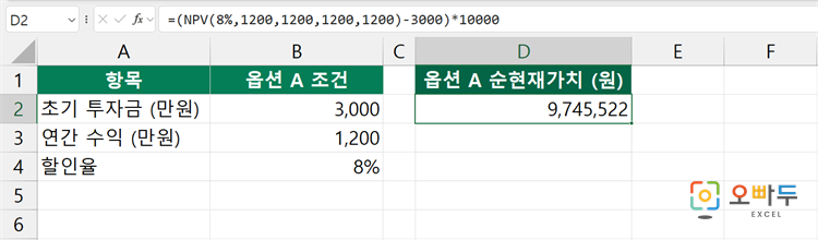 엑셀 NPV 함수 간단 예제 3
