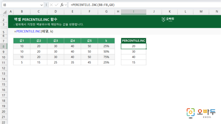 PERCENTILE.INC 함수 예제 미리보기