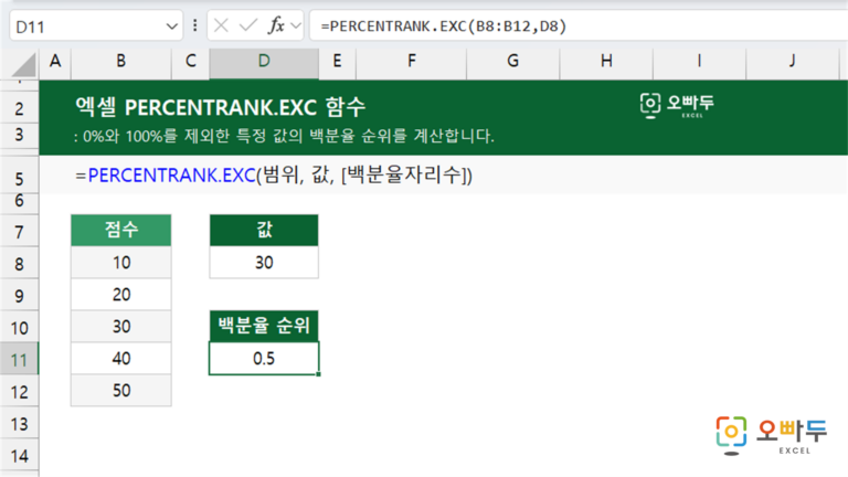 PERCENTRANK.EXC 함수 예제 미리보기