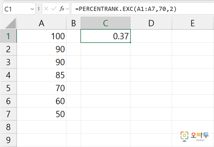 엑셀 PERCENTRANK.EXC 함수 간단 예제 1