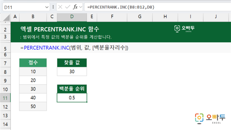 PERCENTRANK.INC 함수 예제 미리보기