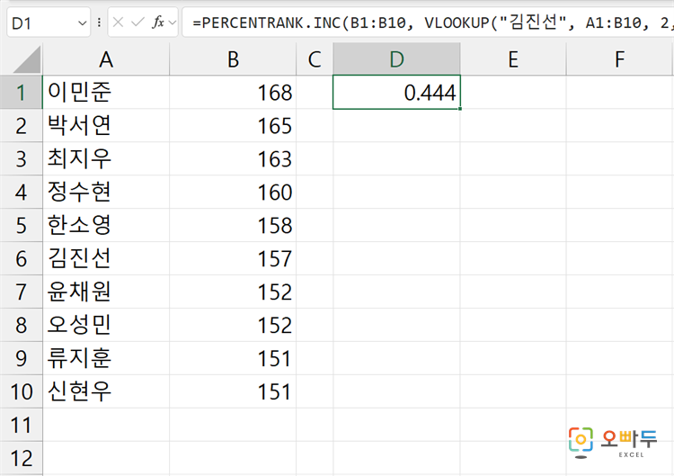 엑셀 PERCENTRANK.INC 함수 간단 예제 2