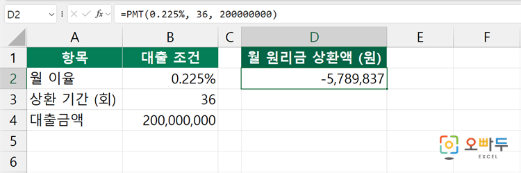 엑셀 PMT 함수 간단 예제 1