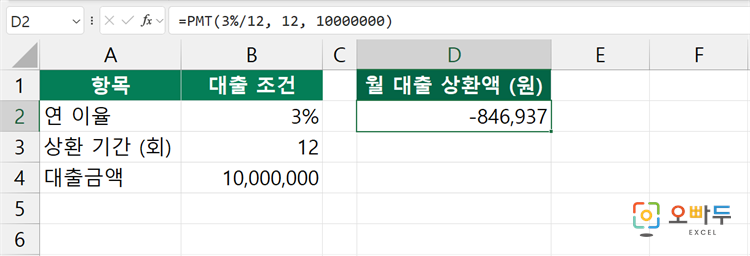엑셀 PMT 함수 간단 예제 2