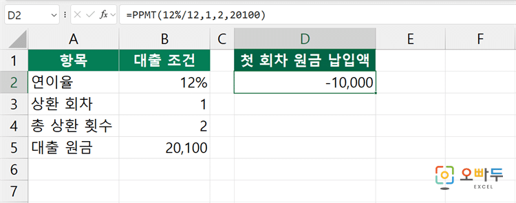엑셀 PPMT 함수 간단 예제 1