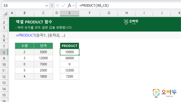 PRODUCT 함수 예제 미리보기