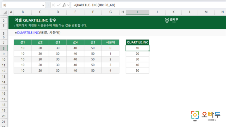 QUARTILE.INC 함수 예제 미리보기