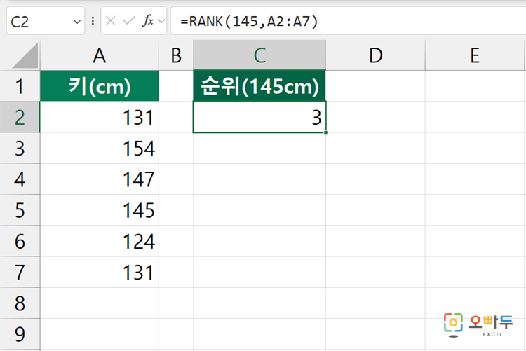 엑셀 RANK 함수 간단 예제 1