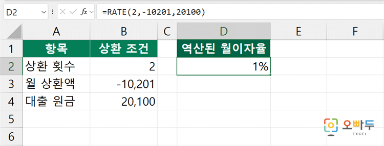 엑셀 RATE 함수 간단 예제 1