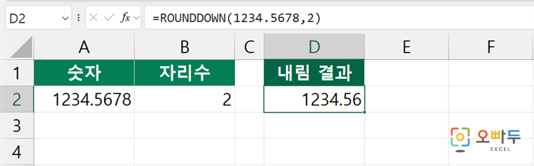 엑셀 ROUNDDOWN 함수 수식 입력 예제
