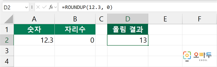 엑셀 ROUNDUP 함수 수식 입력 예제