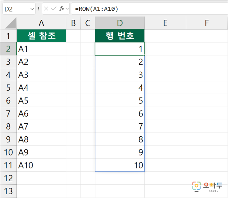 엑셀 ROW 함수 간단 예제 2