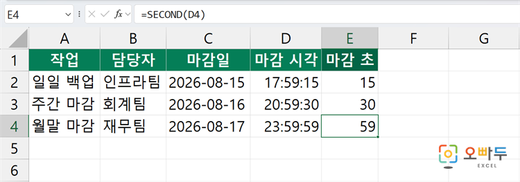 엑셀 SECOND 함수 간단 예제 3