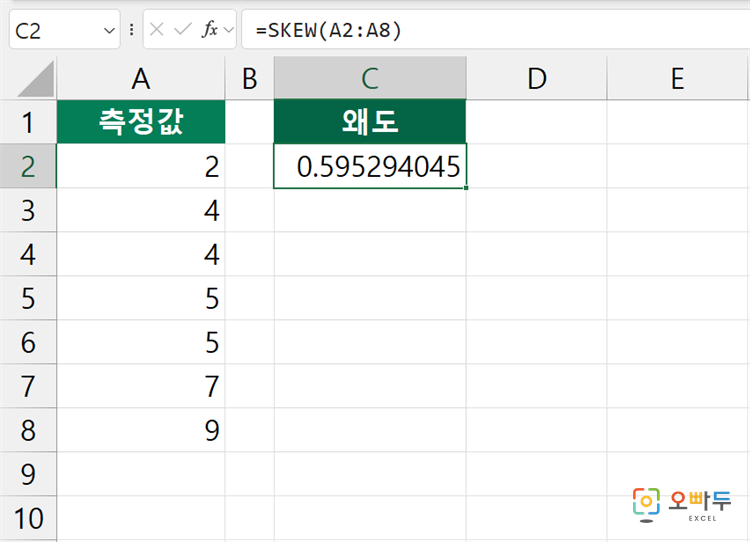 엑셀 SKEW 함수 수식 입력 예제