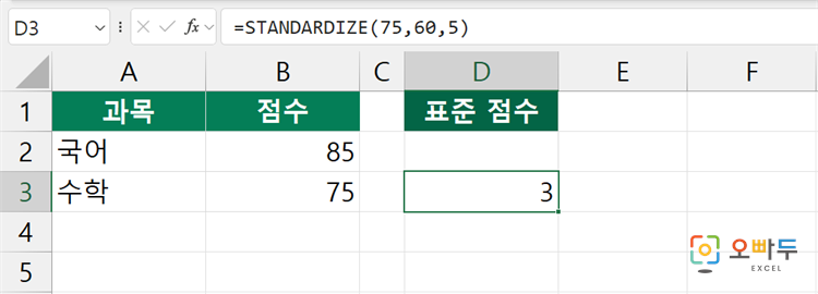 엑셀 STANDARDIZE 함수 간단 예제 3