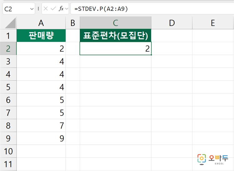 엑셀 STDEV.P 함수 간단 예제 1