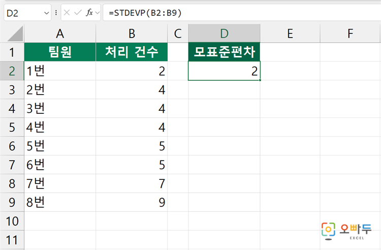 엑셀 STDEVP 함수 수식 입력 예제