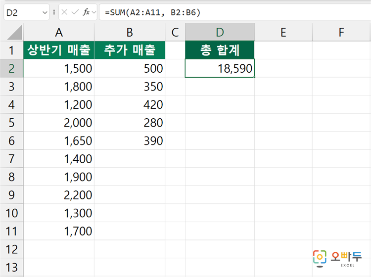 엑셀 SUM 함수 간단 예제 2