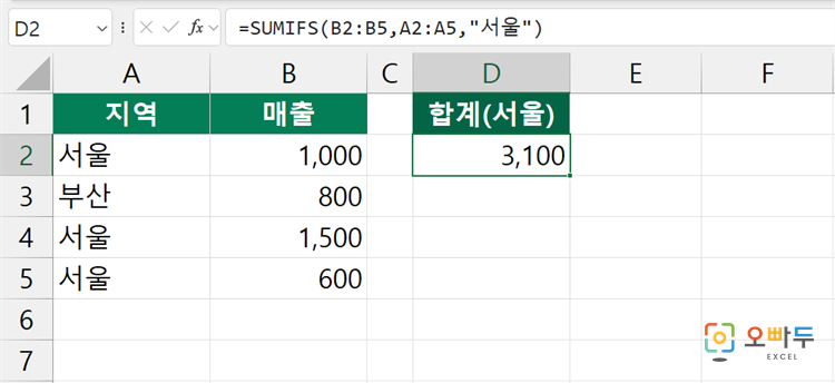 엑셀 SUMIFS 함수 수식 입력 예제 2