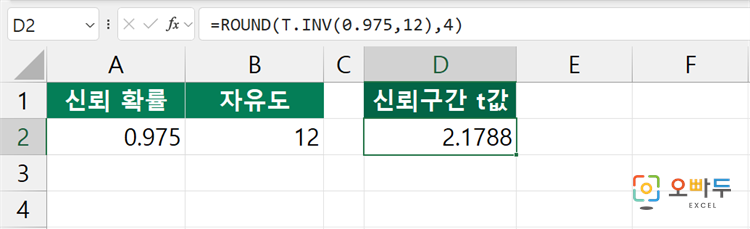 엑셀 T.INV 함수 간단 예제 3