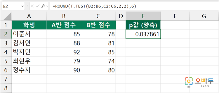 엑셀 T.TEST 함수 간단 예제 1
