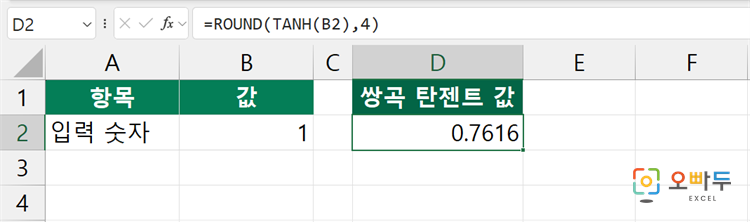 엑셀 TANH 함수 수식 입력 예제