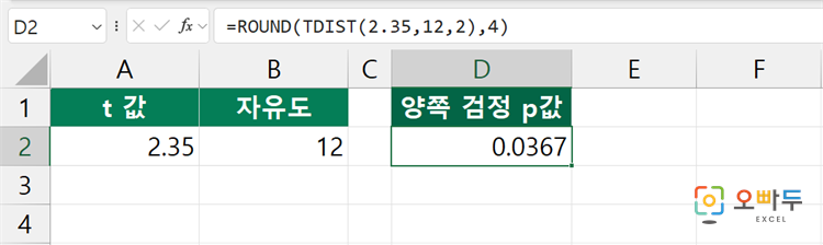 엑셀 TDIST 함수 간단 예제 2