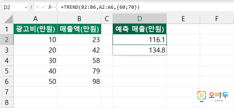 엑셀 TREND 함수 간단 예제 2