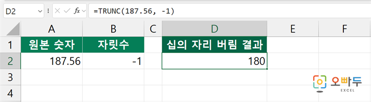 엑셀 TRUNC 함수 수식 입력 예제 2