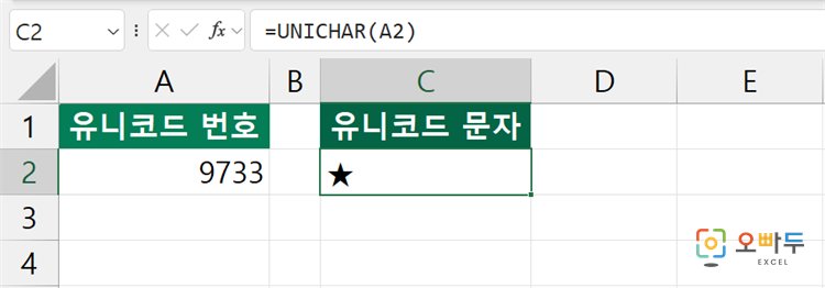 엑셀 UNICHAR 함수 수식 입력 예제