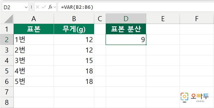 엑셀 VAR 함수 간단 예제 1