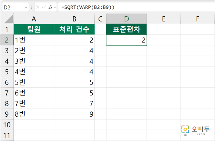 엑셀 VARP 함수 간단 예제 2