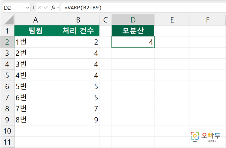 엑셀 VARP 함수 수식 입력 예제