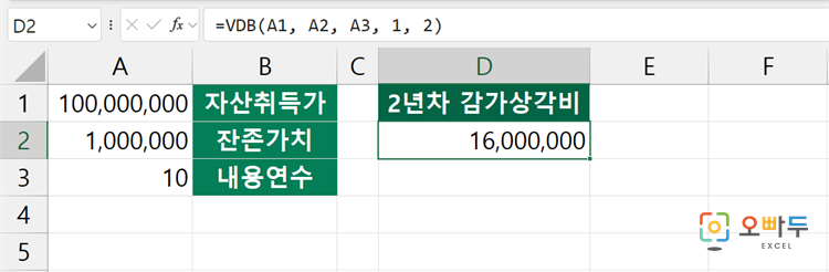엑셀 VDB 함수 간단 예제 2