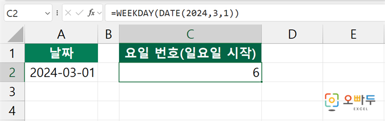 엑셀 WEEKDAY 함수 간단 예제 1