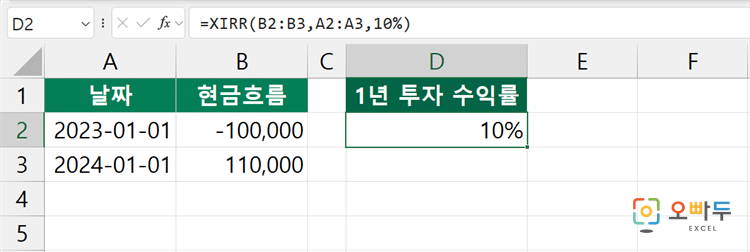 엑셀 XIRR 함수 간단 예제 1
