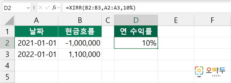 엑셀 XIRR 함수 간단 예제 3