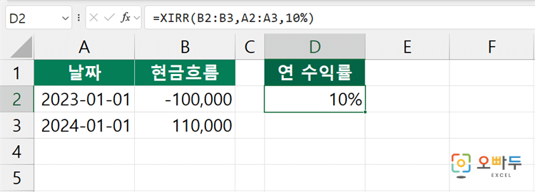 엑셀 XIRR 함수 수식 입력 예제