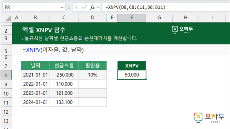 XNPV 함수 예제 미리보기