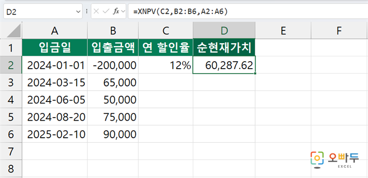 엑셀 XNPV 함수 간단 예제 2