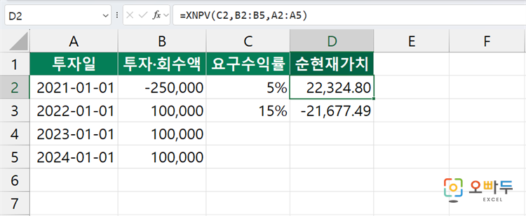 엑셀 XNPV 함수 간단 예제 3