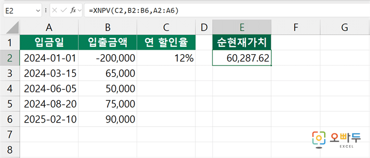엑셀 XNPV 함수 간단 예제 2