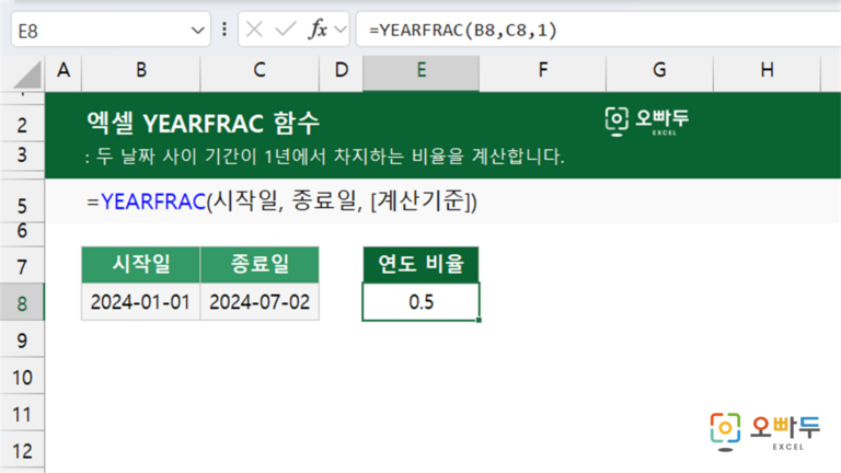 YEARFRAC 함수 예제 미리보기