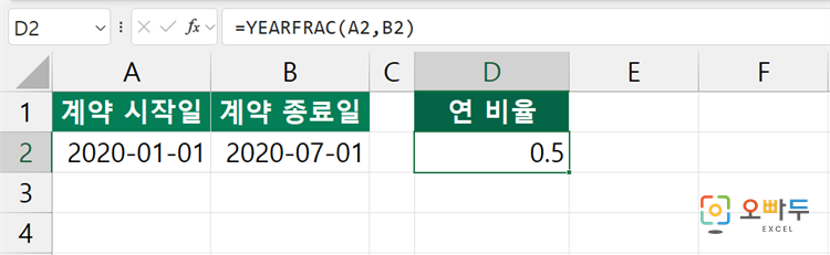 엑셀 YEARFRAC 함수 수식 입력 예제