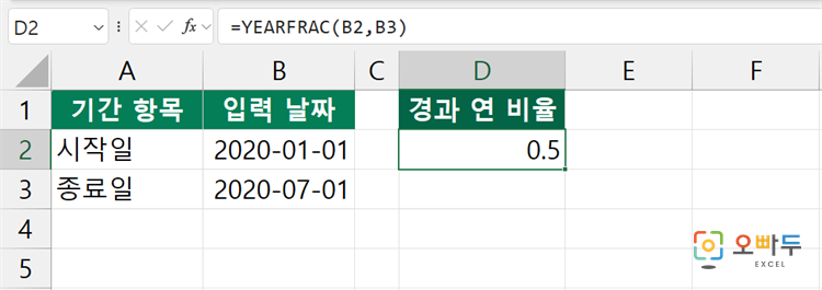 엑셀 YEARFRAC 함수 간단 예제 1