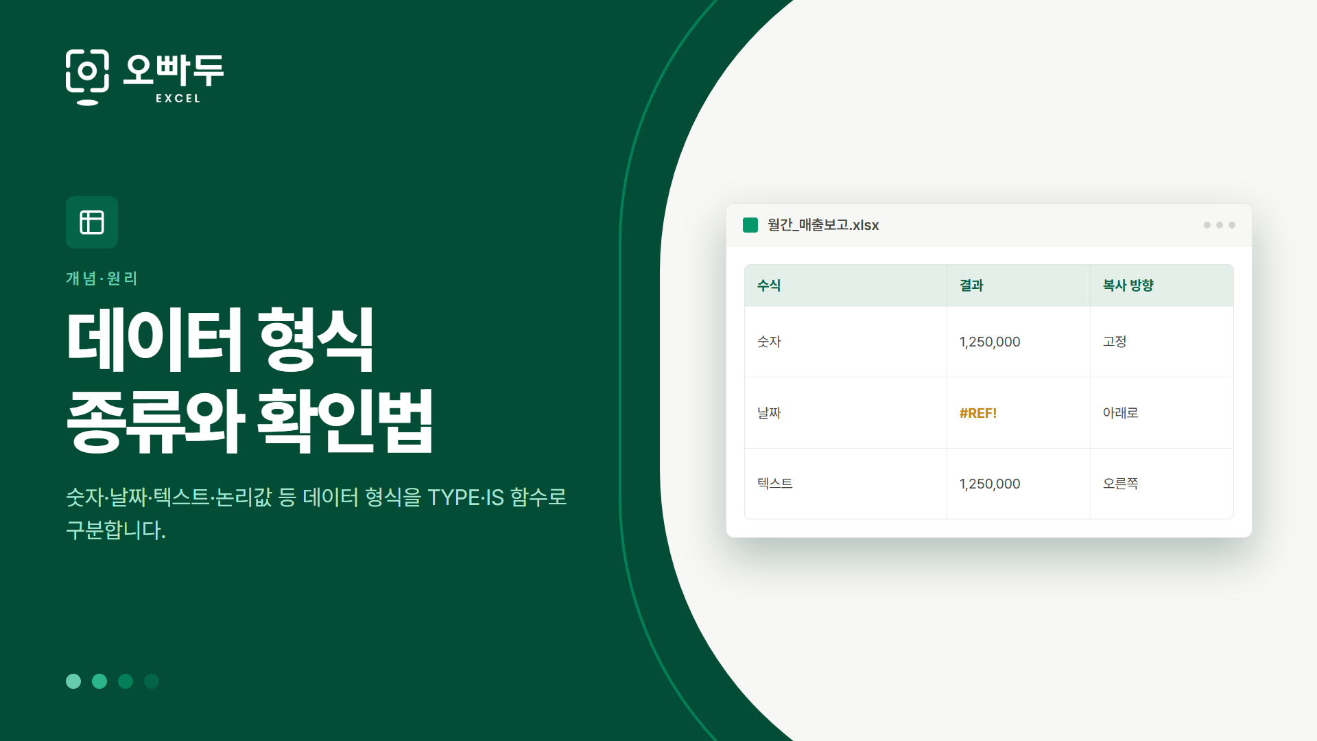 데이터 형식 종류와 확인법 — 숫자·날짜·텍스트·논리값 등 데이터 형식을 TYPE·IS 함수로 구분합니다.