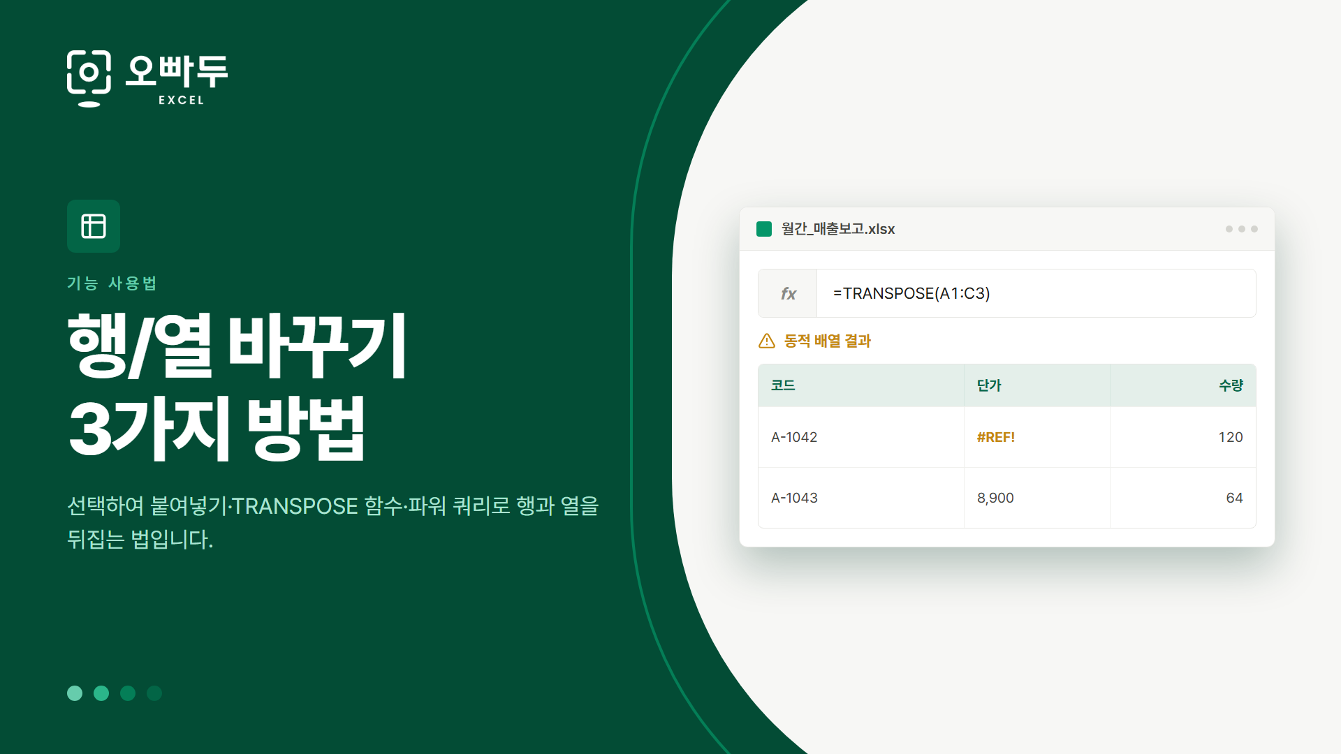 행/열 바꾸기 3가지 방법 — 선택하여 붙여넣기·TRANSPOSE 함수·파워 쿼리로 행과 열을 뒤집는 법입니다.