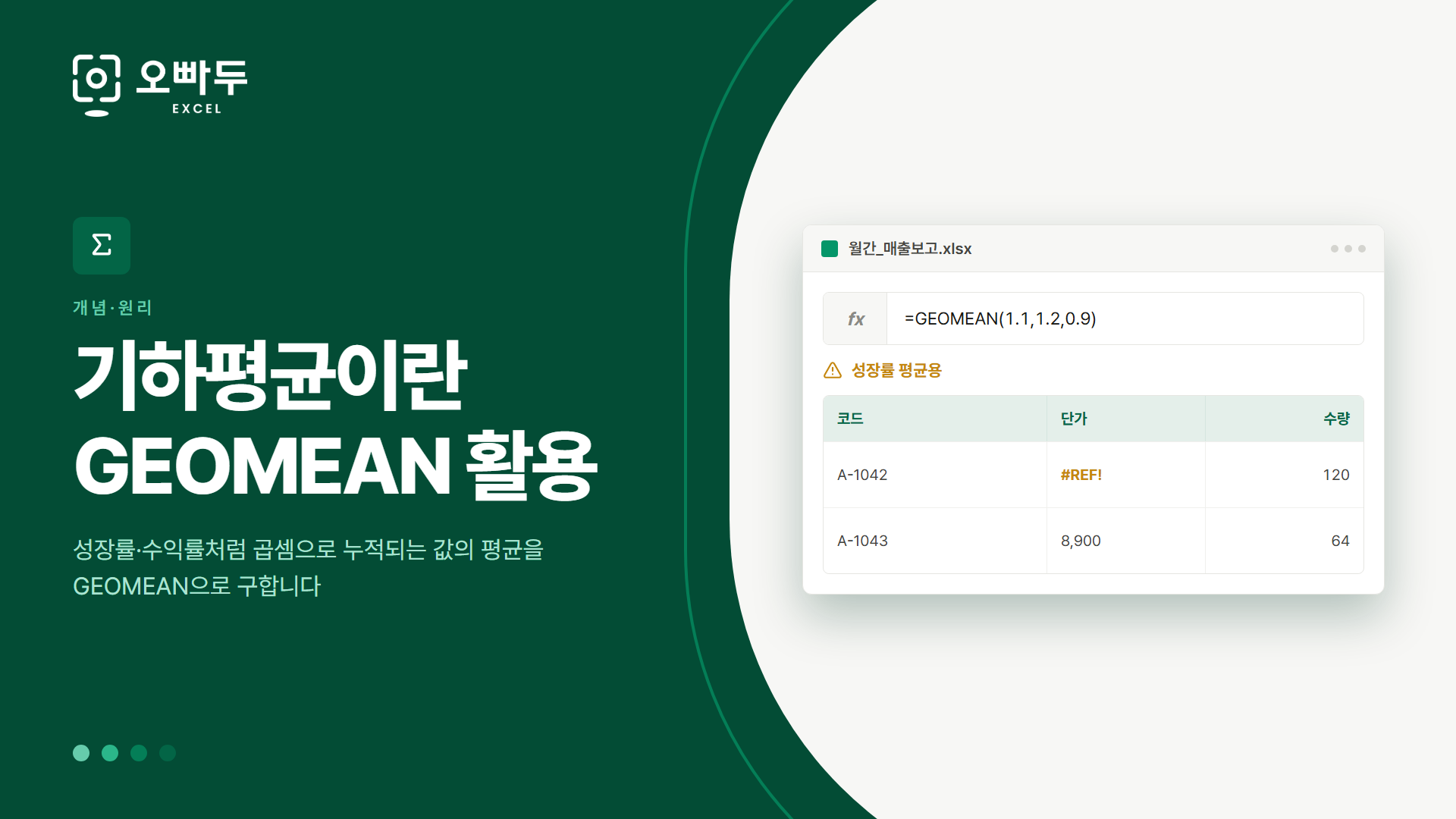기하평균이란 GEOMEAN 활용 — 성장률·수익률처럼 곱셈으로 누적되는 값의 평균을 GEOMEAN으로 구합니다