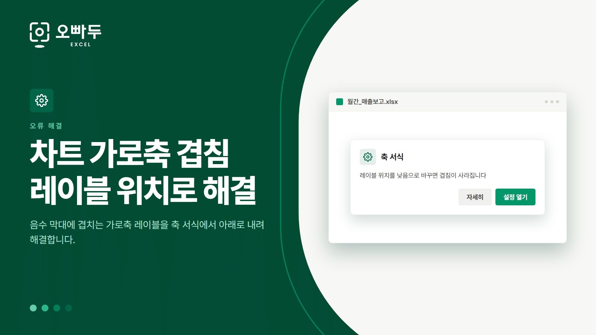 차트 가로축 겹침 레이블 위치로 해결 — 음수 막대에 겹치는 가로축 레이블을 축 서식에서 아래로 내려 해결합니다.